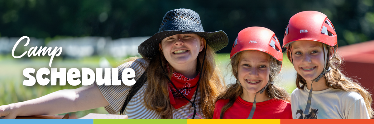 Camp Schedul Banner 1200x400 Two campers wearing helmets and a counselor wearing a sun hat stand together outdoors, with the words ‘Camp Schedule’ displayed on the left.