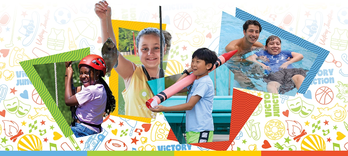 Children enjoying inclusive camp activities at Victory Junction, including zip-lining, fishing, and swimming with support from staff.