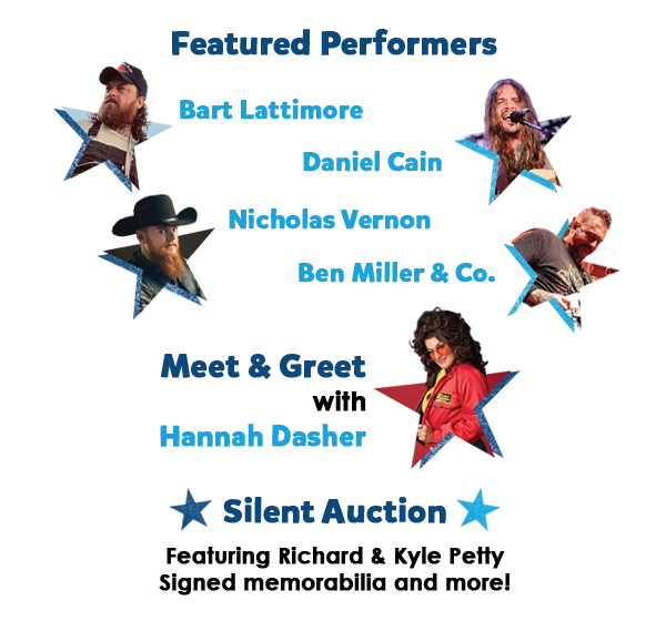 Graphic listing Guitars & Gears announced performers: Brent Underwood, Daniel Cain, Nicholas Vernon, and Ben Miller & Co., plus a meet and greet with Hannah Dasher; also notes a silent auction with appearances by Richard and Kyle Petty.