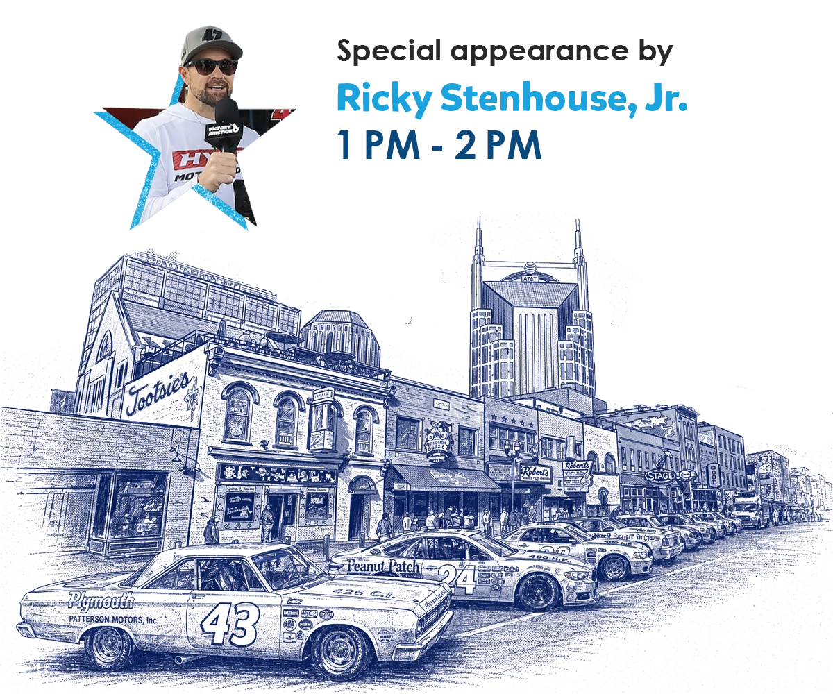 Event graphic featuring NASCAR driver Ricky Stenhouse Jr. with event time listed as 1 PM–2 PM above an illustrated city street with race cars.