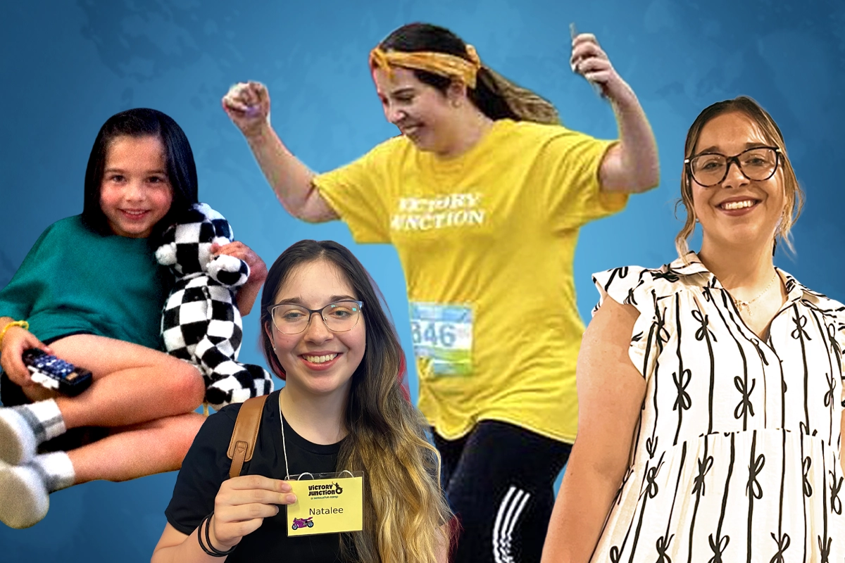 Collage of Natalee Mitcham as a Victory Junction camper, participating in the Run to Victory 5K, and as an adult.