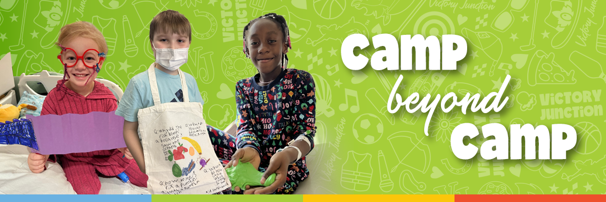 2026 OUTREACH Banner 1200x400 Three children participating in Victory Junction OUTREACH activities during hospital visits, with the words 'Camp Beyond Camp' on a bright green background.